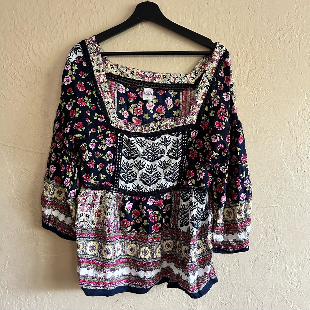 Bila Navy Floral Patchwork Blouse